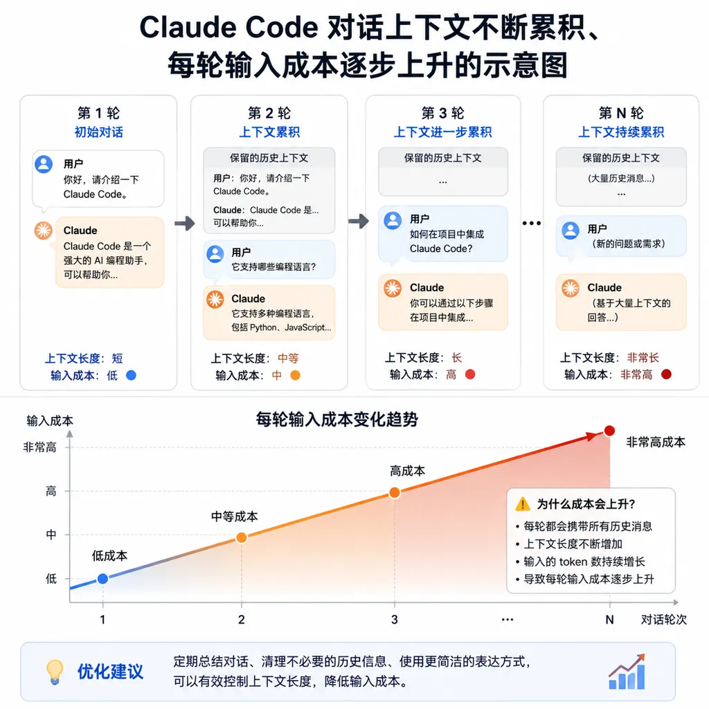 Illustration showing Claude Code conversation context continuously accumulating and input costs rising with each turn