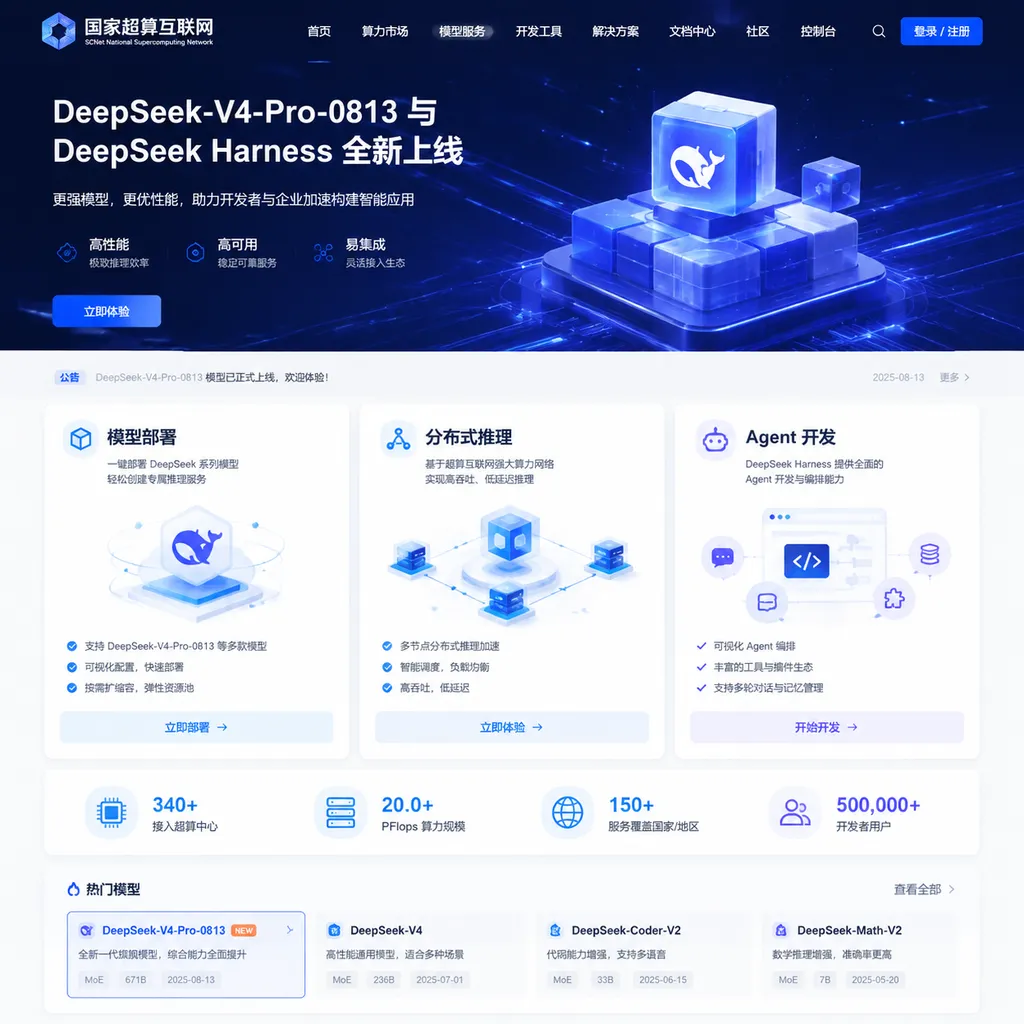 国家超算互联网 DeepSeek-V4-Pro-0813 与 DeepSeek Harness 上线页面,展示模型部署、分布式推理和 Agent 开发入口