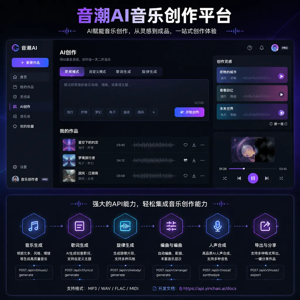 Illustration of the Yinchao AI music creation platform interface and API capability modules