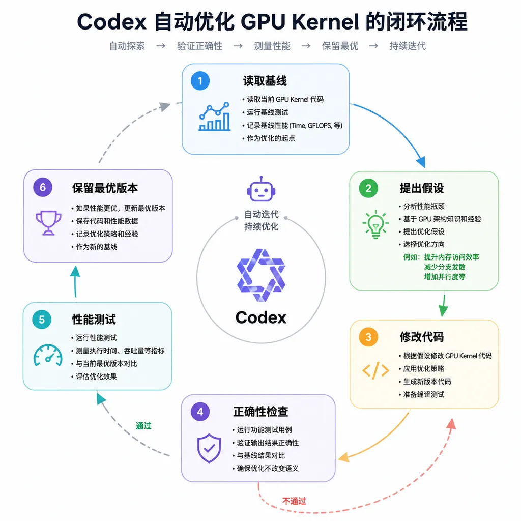 Codex 自动优化 GPU Kernel 的闭环流程图,展示读取基线、提出假设、修改代码、正确性检查、性能测试和保留最优版本六个步骤