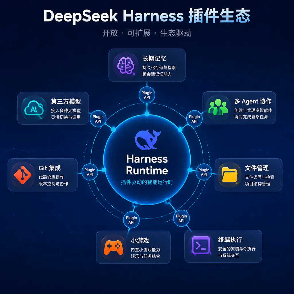 Diagram of the DeepSeek Harness plugin ecosystem, with the Harness Runtime at the center and long-term memory, multi-Agent systems, file management, terminals, Git, mini-games, and third-party models connected around it