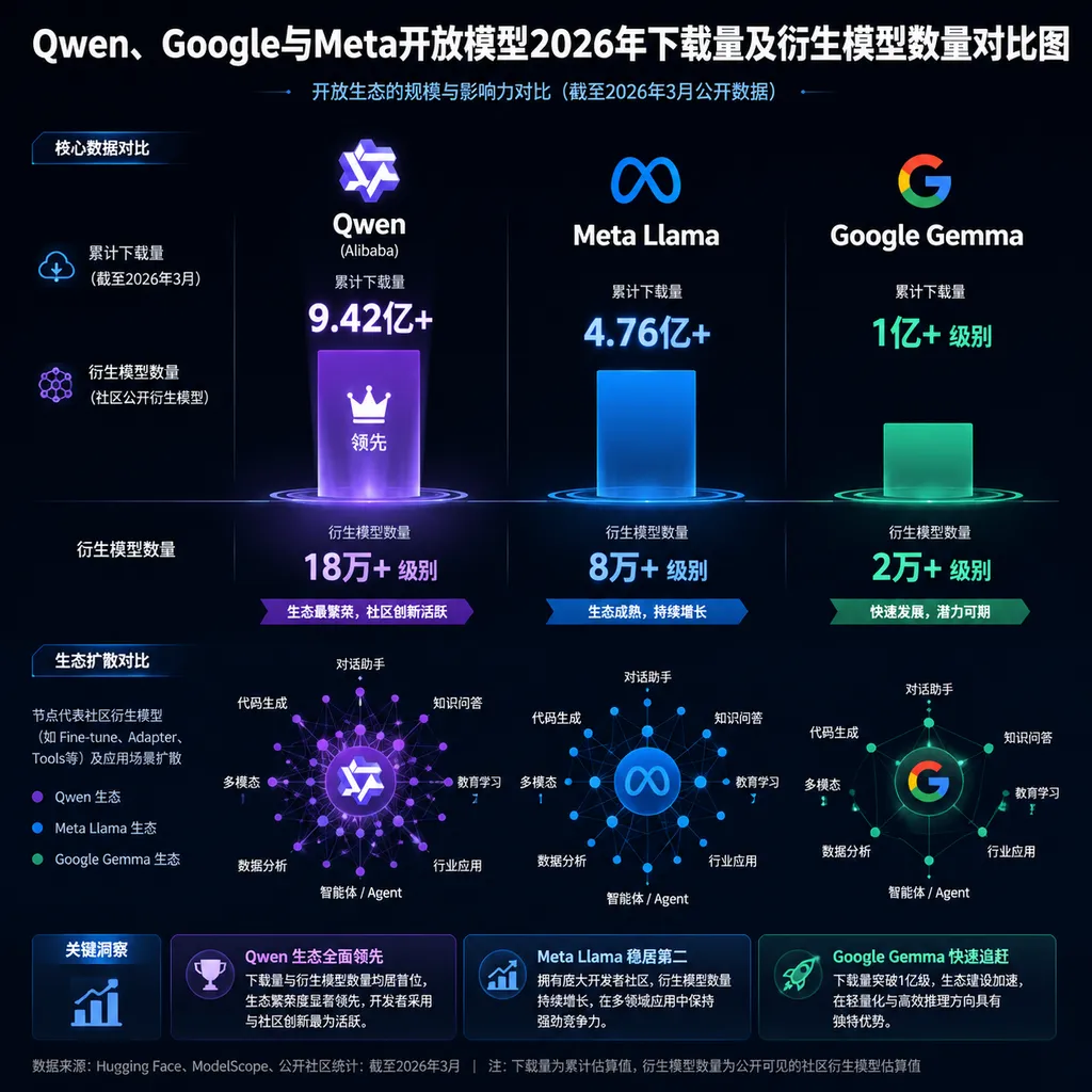 Comparison of 2026 downloads and derivative model counts for Qwen, Google, and Meta open models