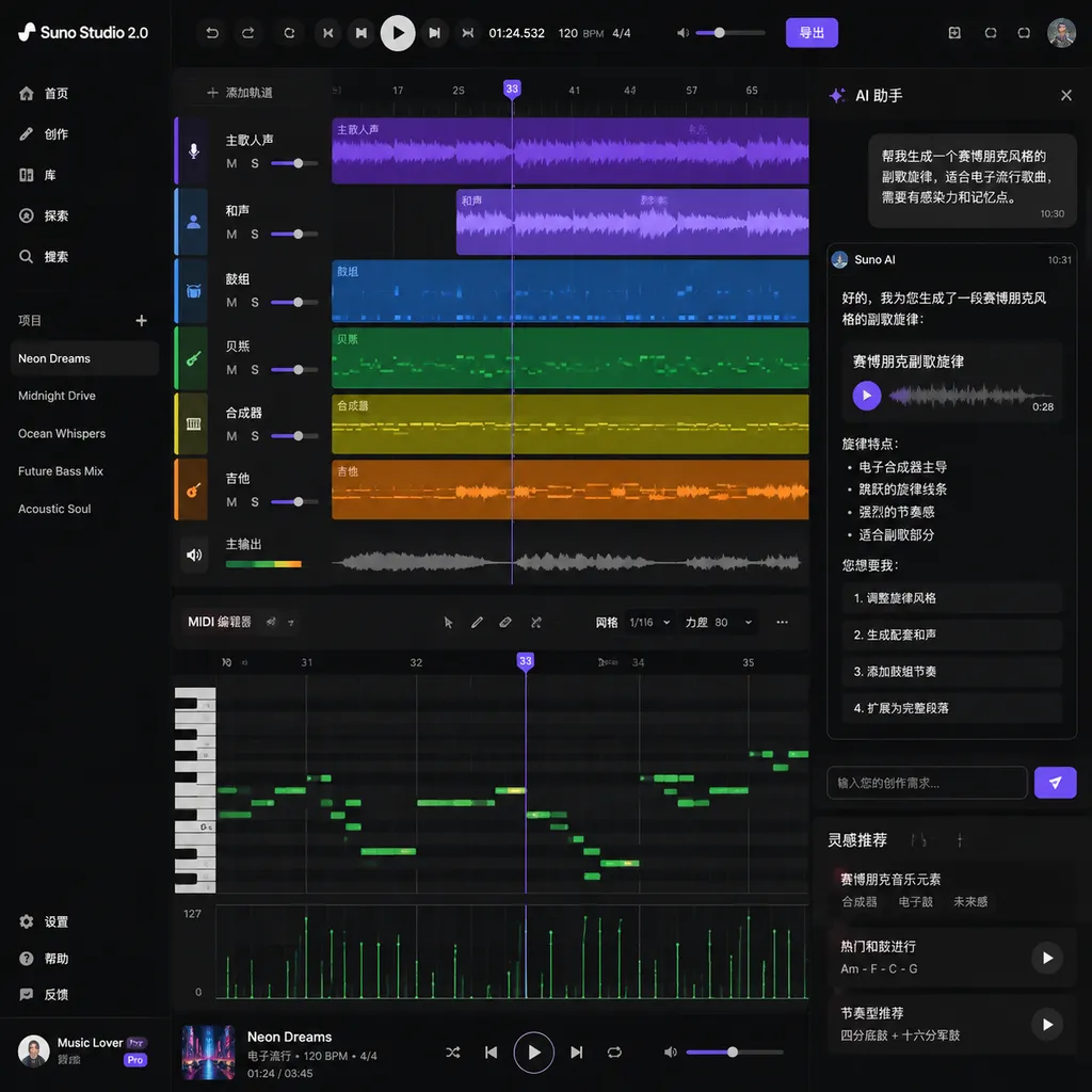 Suno Studio 2.0 interface showing the timeline, MIDI editor, and AI chat sidebar