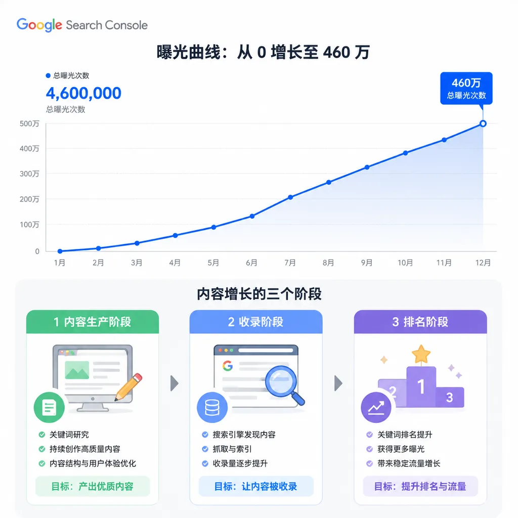 Google Search Console 曝光曲线从零增长至460万,以及内容生产、收录、排名三个阶段的示意图