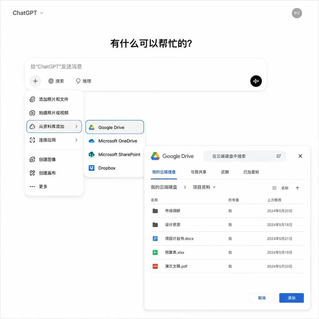 ChatGPT聊天框旁的加号菜单,用户选择“从资料库添加”并浏览Google Drive文件