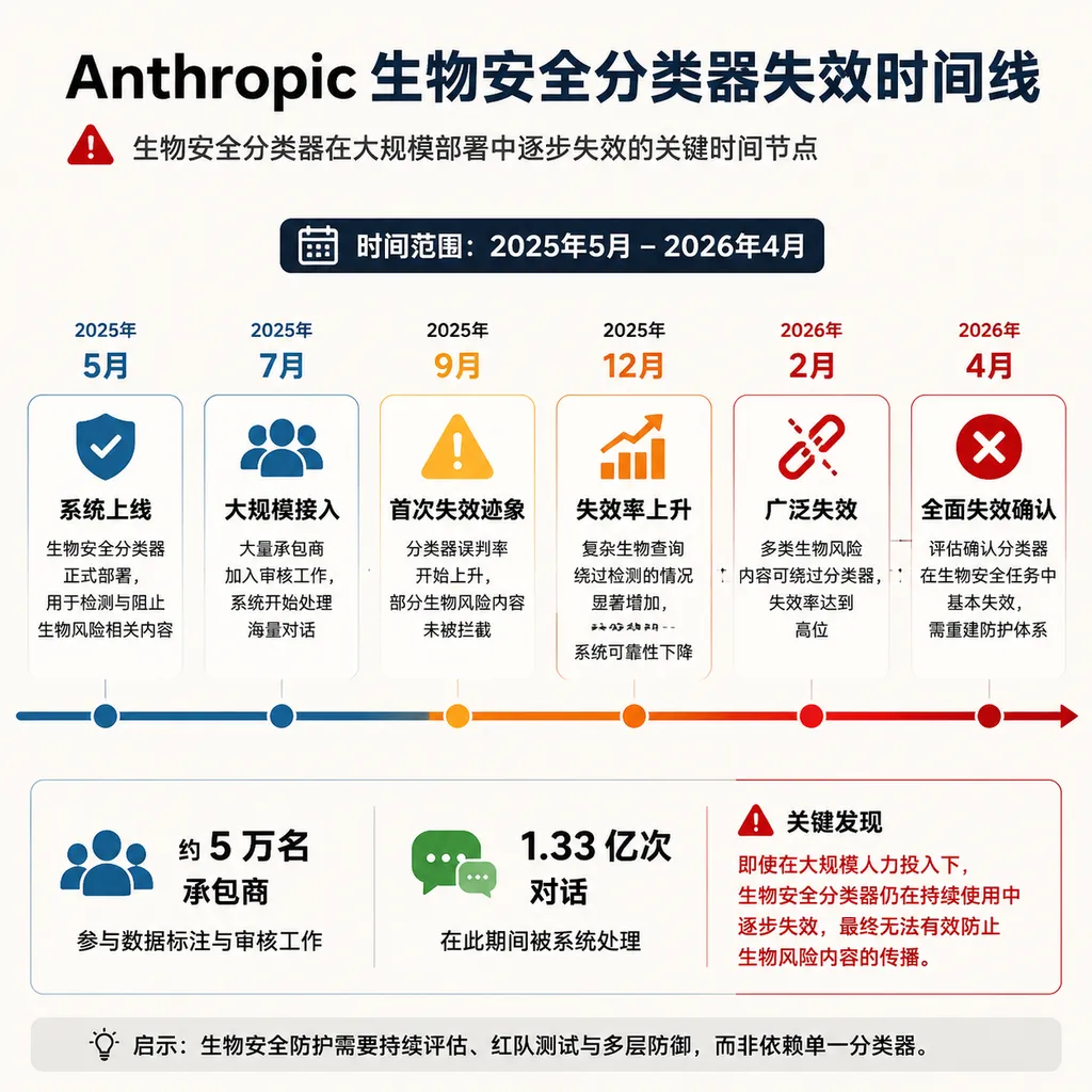 Anthropic 生物安全分类器失效时间线,标注 2025 年 5 月至 2026 年 4 月、约 5 万名承包商和 1.33 亿次对话