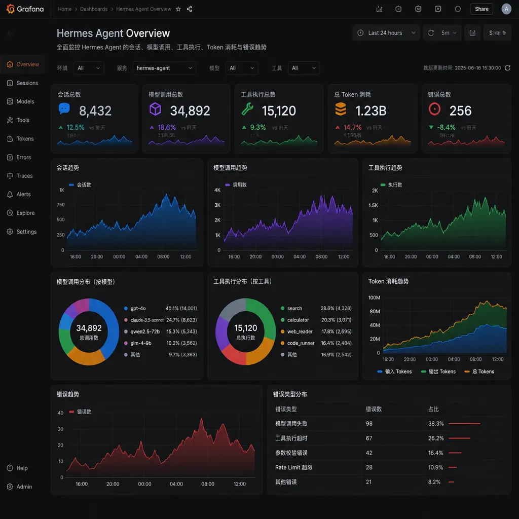 Grafana 仪表盘展示 Hermes Agent 会话、模型调用、工具执行、Token 消耗与错误趋势