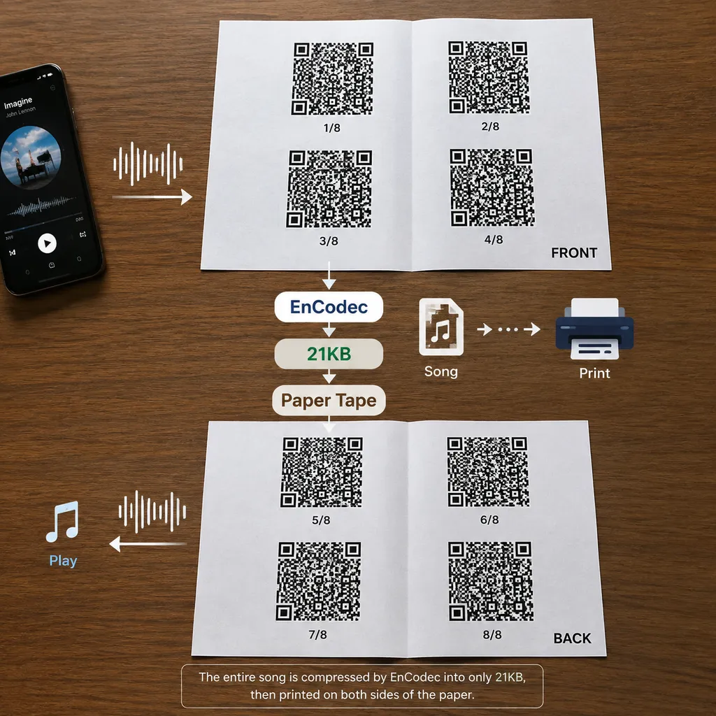 一张纸正反两面各排列4个二维码,中间标注EnCodec、21KB与Paper Tape,表现歌曲被打印到纸上的过程