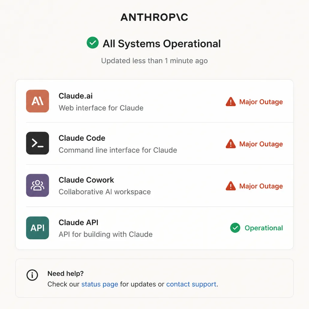Anthropic’s status page showing Claude.ai, Claude Code, and Claude Cowork marked as experiencing a Major Outage, while the Claude API remains operational