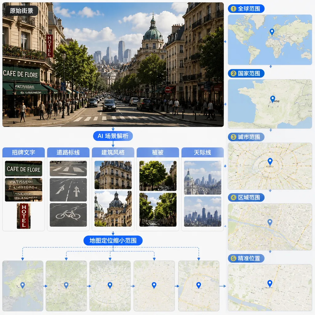An ordinary travel street photo is broken down by AI into sign text, road markings, architectural style, vegetation, and skyline, gradually narrowing the location on a map