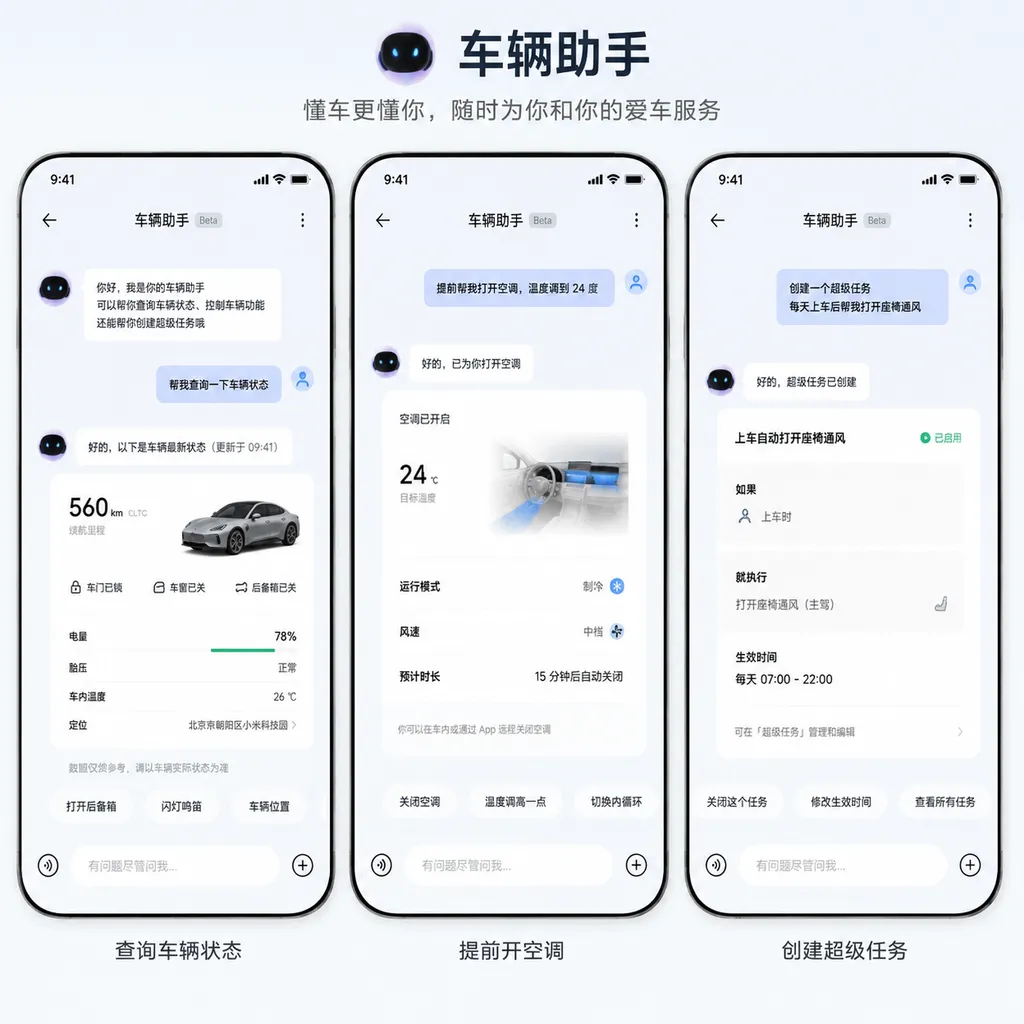 小米汽车 App「车辆助手」对话界面,展示查询车辆状态、提前开空调和创建超级任务