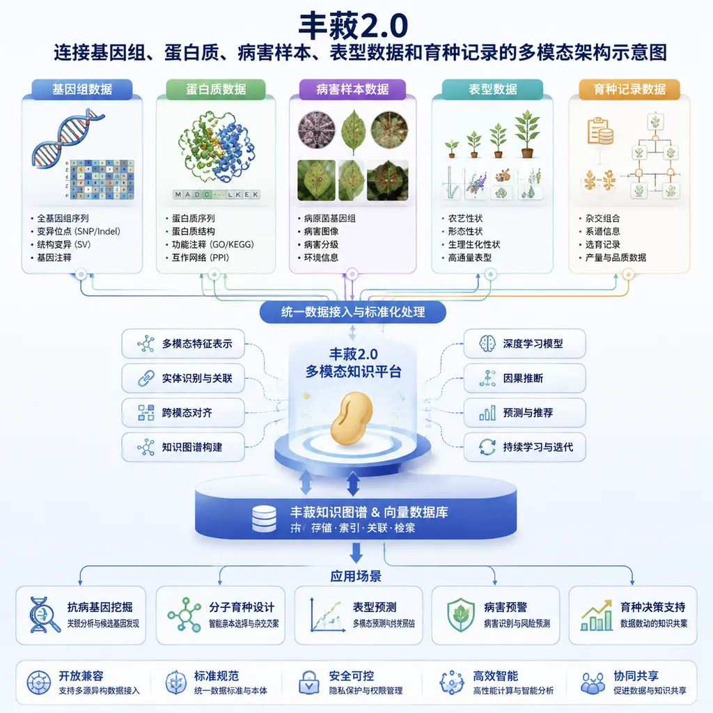 Diagram of the multimodal architecture connecting genomic data, proteins, disease samples, phenotypic data, and breeding records in Fengshu 2.0