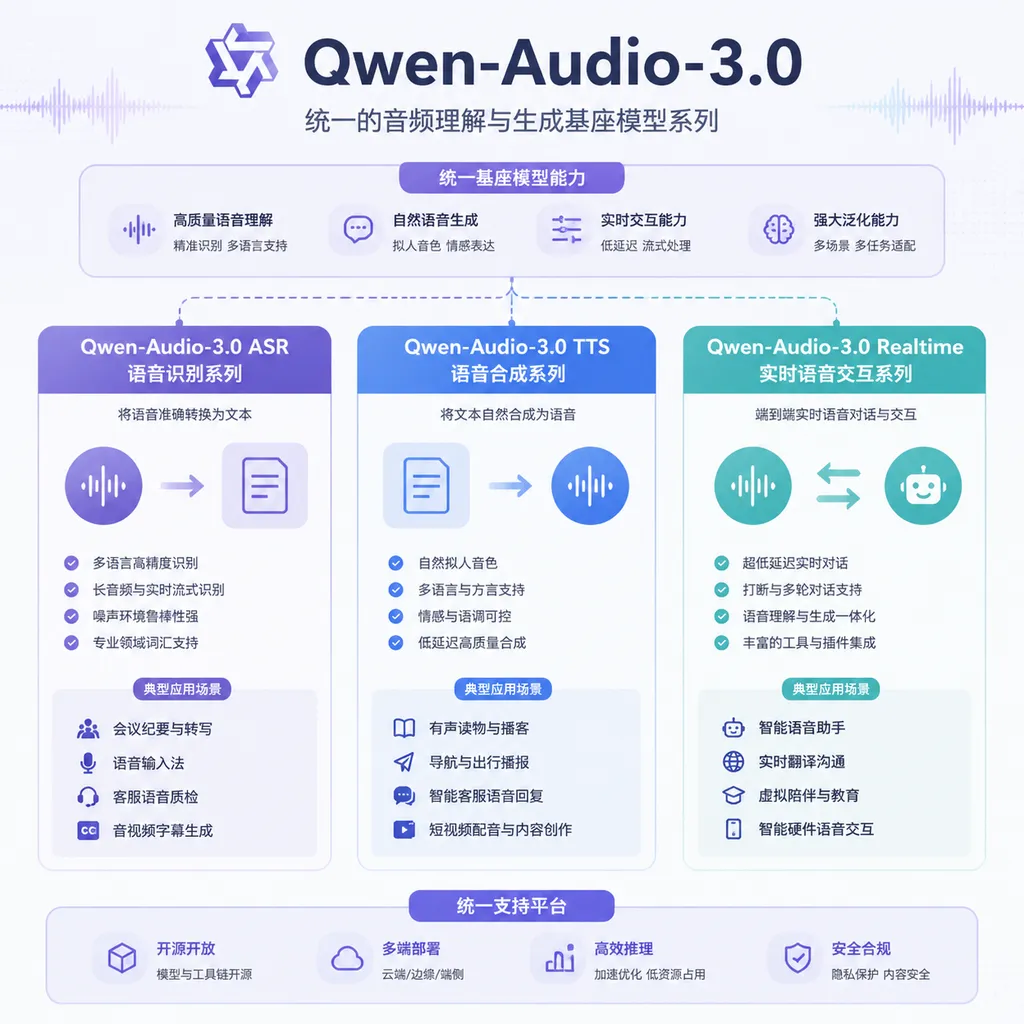 Qwen-Audio-3.0系列产品架构图,展示ASR、TTS和Realtime三条产品线及典型应用场景