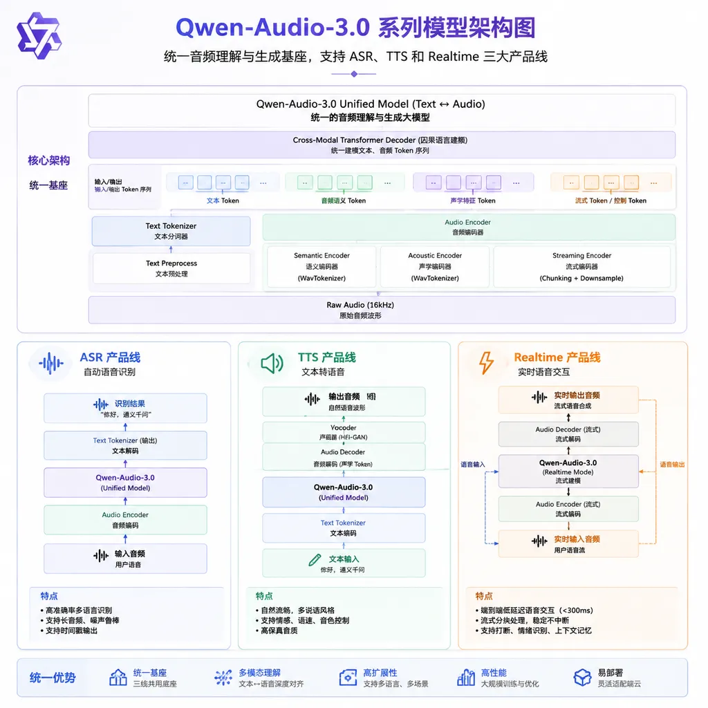 Architecture diagram of the Qwen-Audio-3.0 model family, showing the ASR, TTS, and Realtime product lines