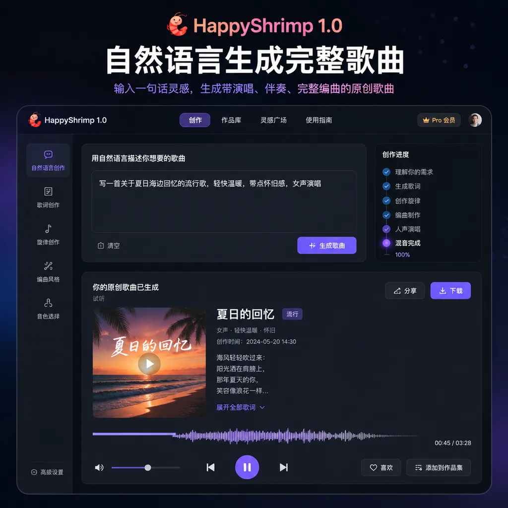 HappyShrimp 1.0’s web interface and official demonstration of generating a complete song from natural-language instructions