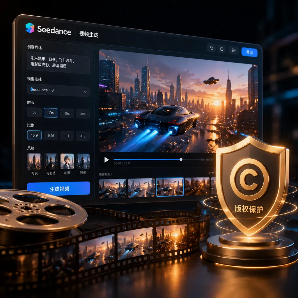 Illustration combining the Seedance video generation interface with film reels and a copyright shield