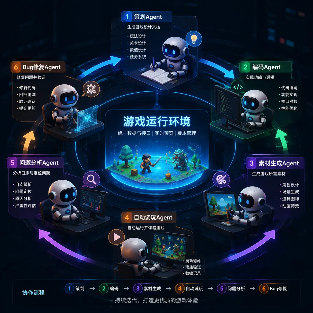 Six Agents collaborate around the game runtime environment, handling planning, coding, asset generation, automated playtesting, issue analysis, and bug fixing in sequence