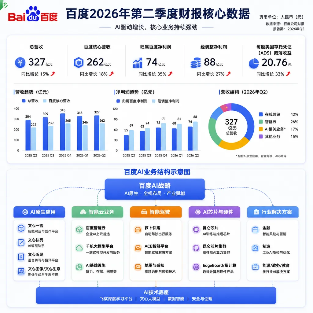 Illustration of Baidu’s core Q2 2026 financial results and AI business structure