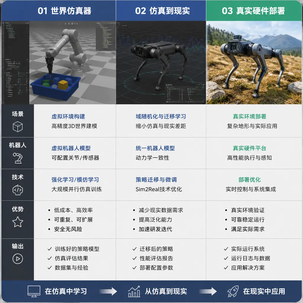 Three-column comparison of robotic arm manipulation, legged robot locomotion, and deployment on real hardware in a world simulator