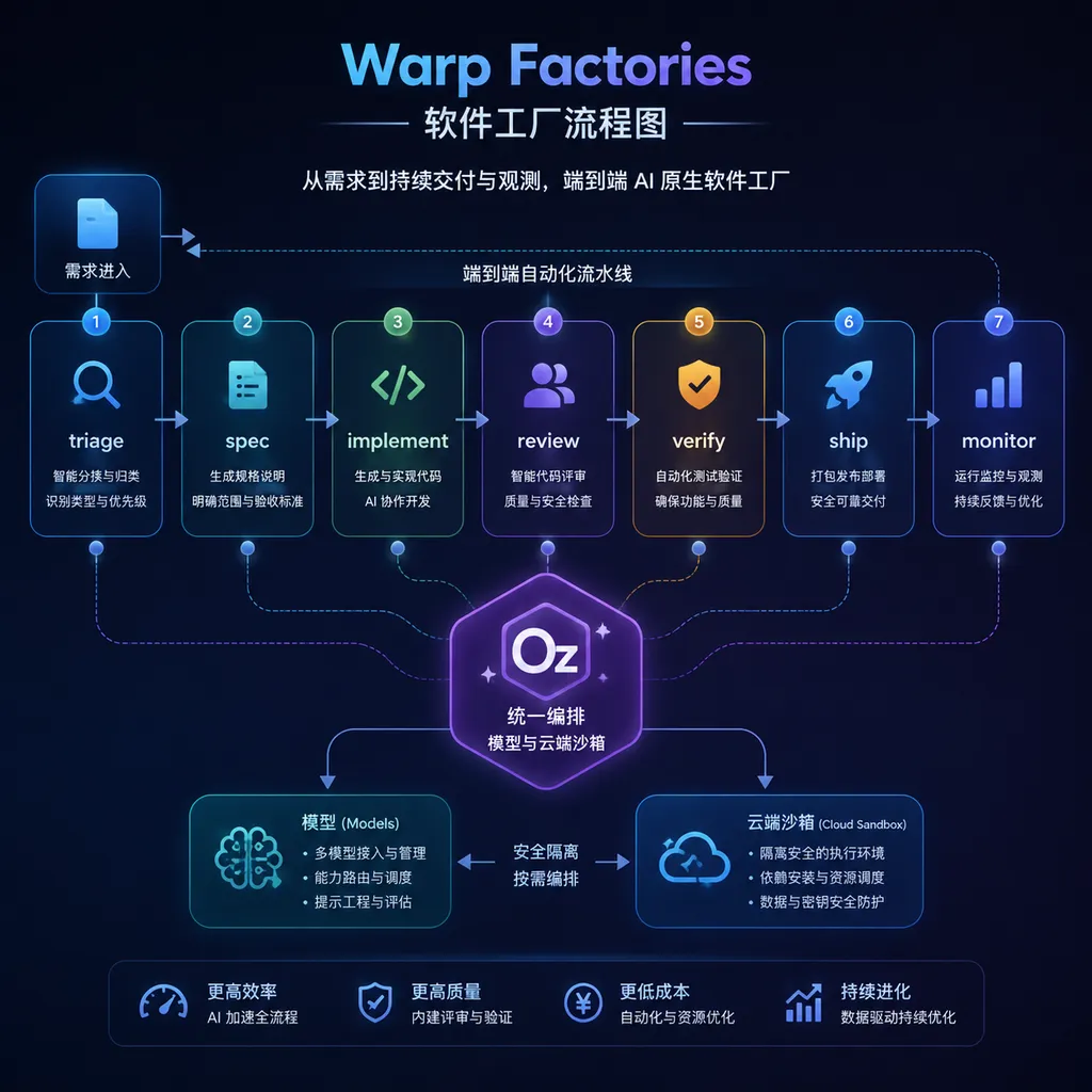 Warp Factories软件工厂流程图,展示需求进入后依次经过triage、spec、implement、review、verify、ship和monitor,并由Oz统一编排模型与云端沙箱