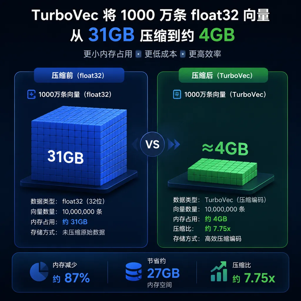 TurboVec将1000万条float32向量从31GB压缩到约4GB的内存对比图