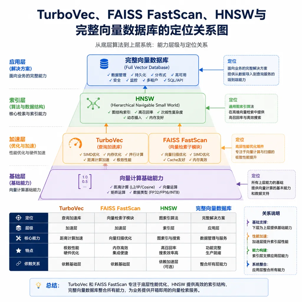 TurboVec、FAISS FastScan、HNSW与完整向量数据库的定位关系图
