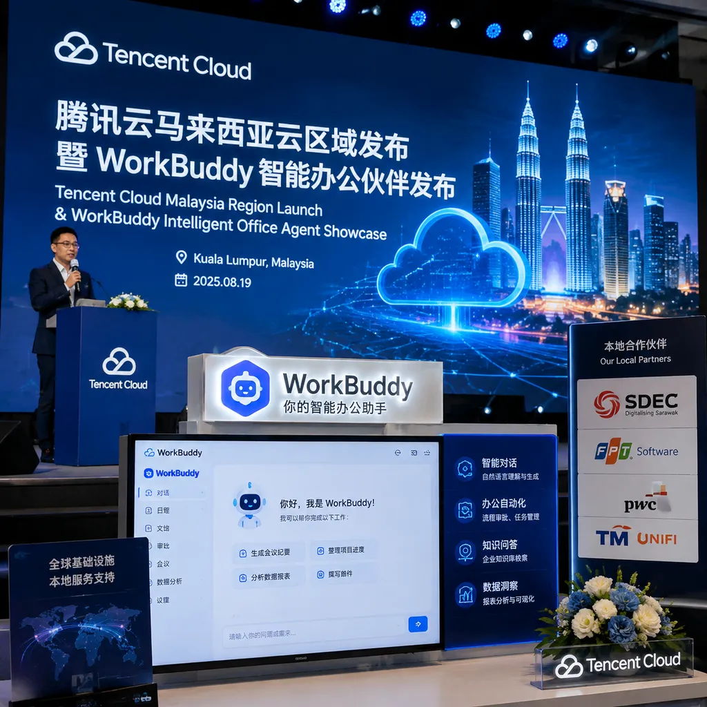 Tencent Cloud showcases its Malaysia cloud region and WorkBuddy, featuring cloud infrastructure, a productivity agent interface, and the logos of local partners