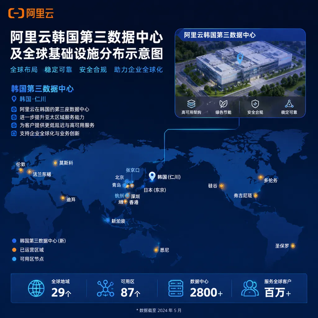 Illustration of Alibaba Cloud's third data center in South Korea and its global infrastructure distribution
