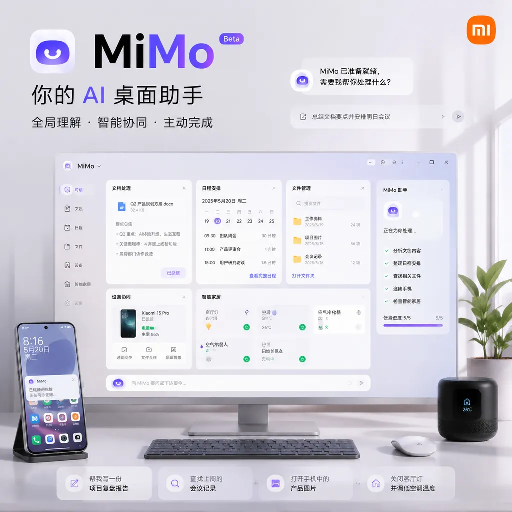 小米 MiMo 桌面应用概念图,画面展示 AI 在电脑上协同处理文档、日程、文件、手机与智能家居任务