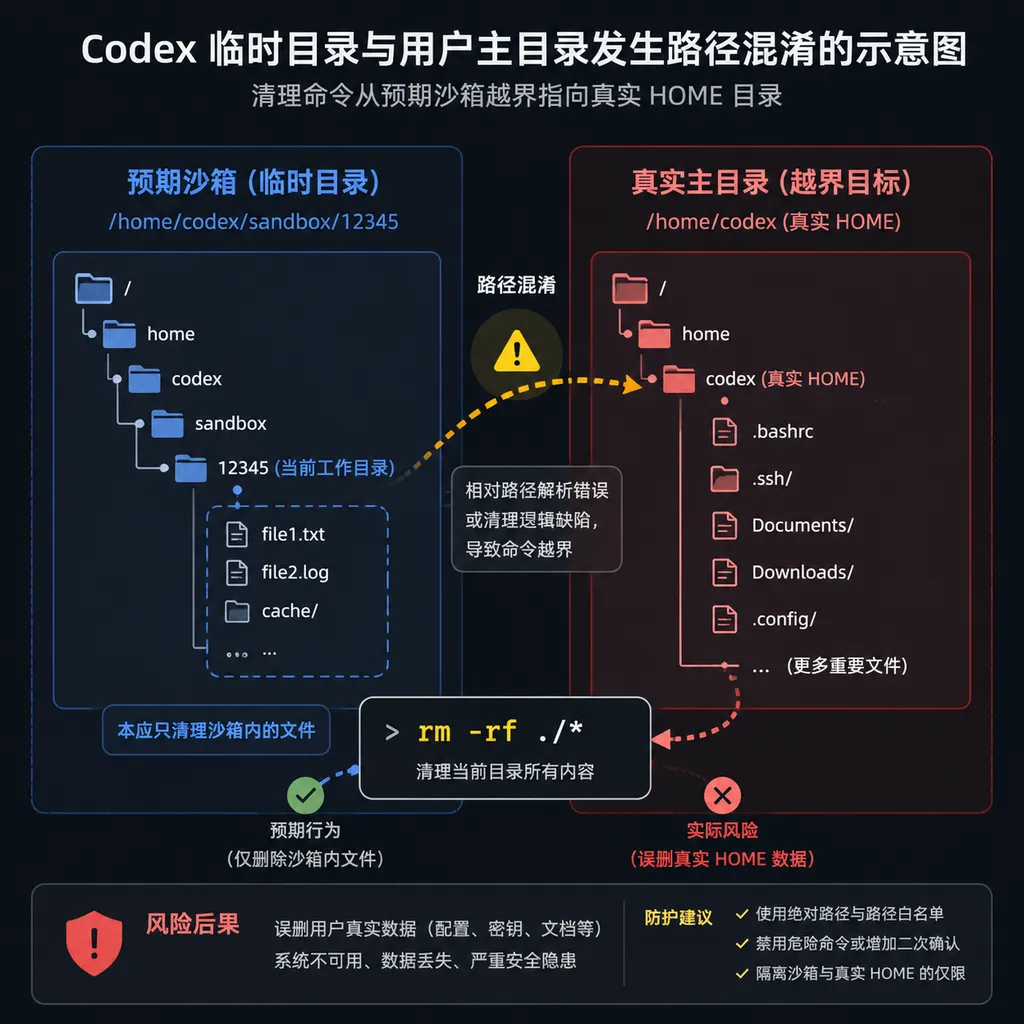 Diagram showing path confusion between a Codex temporary directory and a user’s home directory, with a cleanup command crossing the expected sandbox boundary and targeting the real HOME directory