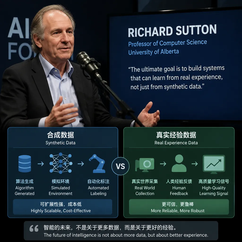 Richard Sutton speaking publicly at an AI forum or in a podcast interview, accompanied by a visual comparison between “synthetic data” and “real experiential data”
