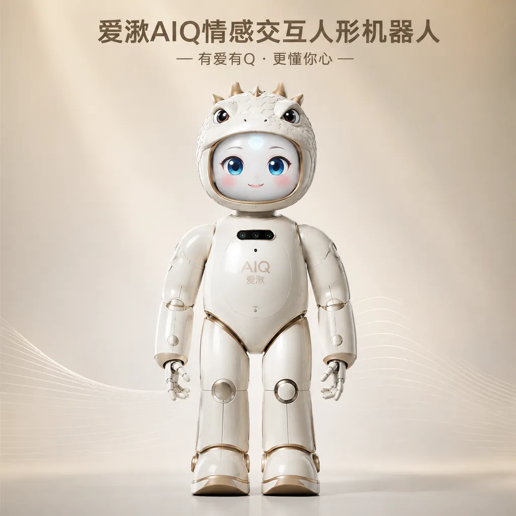 Front view of the AIQ emotionally interactive humanoid robot, highlighting its dragon-lizard-inspired design and 3D-projected face