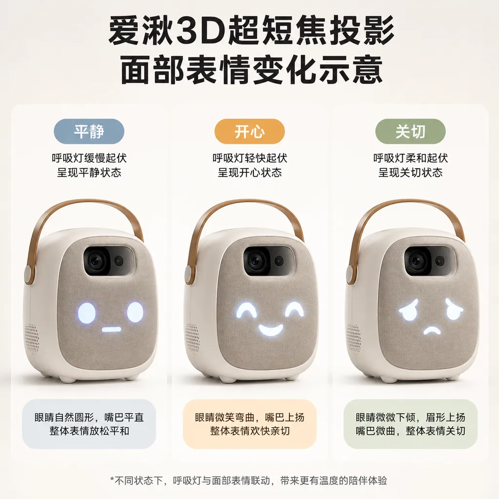 Illustration of facial-expression changes on AIQ’s 3D ultra-short-throw projected face, showing calm, happy, and concerned states