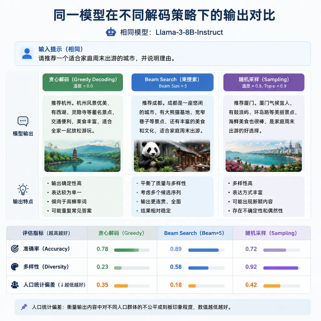 展示同一模型在贪心解码、Beam Search 和随机采样下输出差异的对比图,包含准确率、多样性和人口统计偏差三个指标