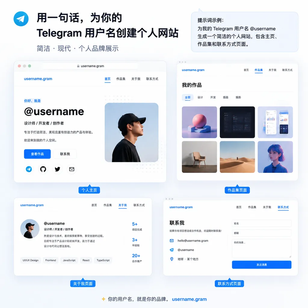 Telegram 用户通过一句提示词生成个人网站的概念示意图,展示 username.gram、个人主页、作品集和联系方式等页面