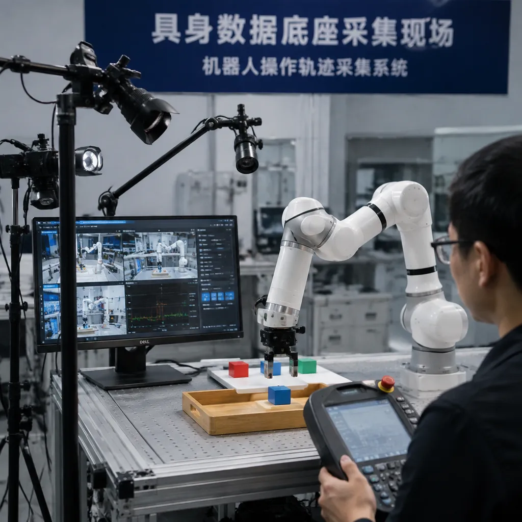 具身数据底座采集机器人操作轨迹的现场画面,包括相机、操作装置与机械臂