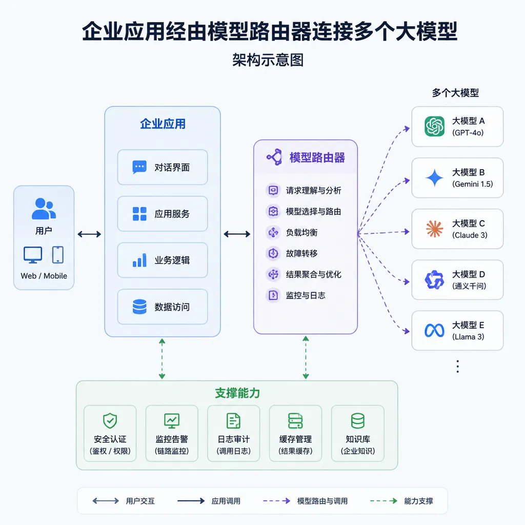 企业应用经由模型路由器连接多个大模型的架构示意图