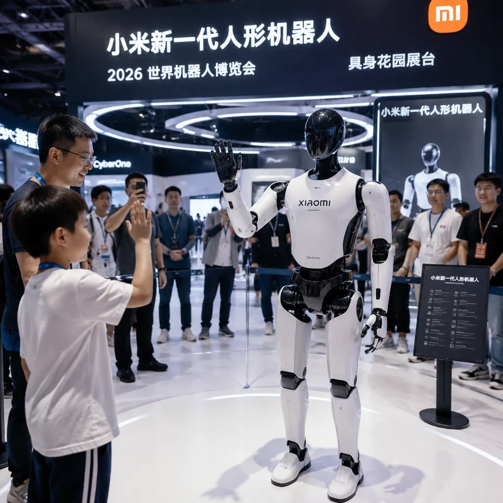 Xiaomi’s new-generation humanoid robot interacts with visitors at the “Embodied Garden” booth at the 2026 World Robot Expo