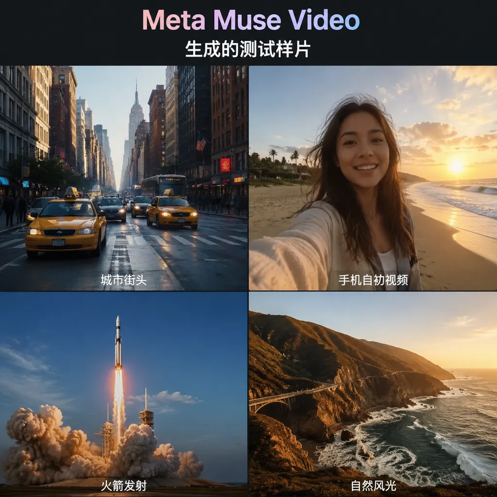 Meta Muse Video 生成的城市街头、手机自拍视频与火箭发射等测试样片拼图