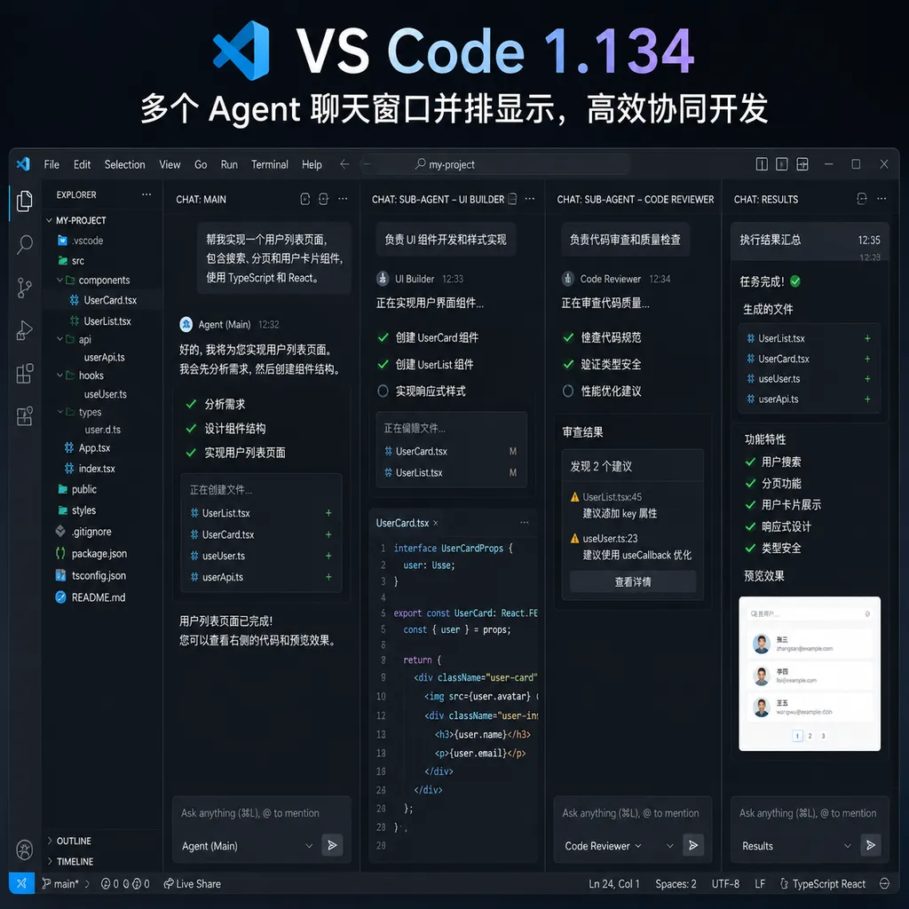 VS Code 1.134 中多个 Agent 聊天窗口并排显示,开发者同时查看主会话、子智能体进度和代码结果