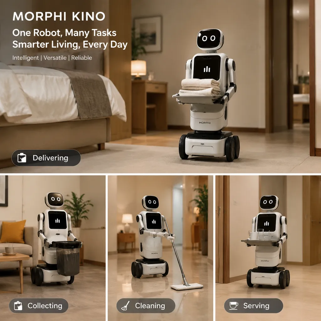 MORPHI KINO wheeled robot performing continuous tasks in a household or hotel setting