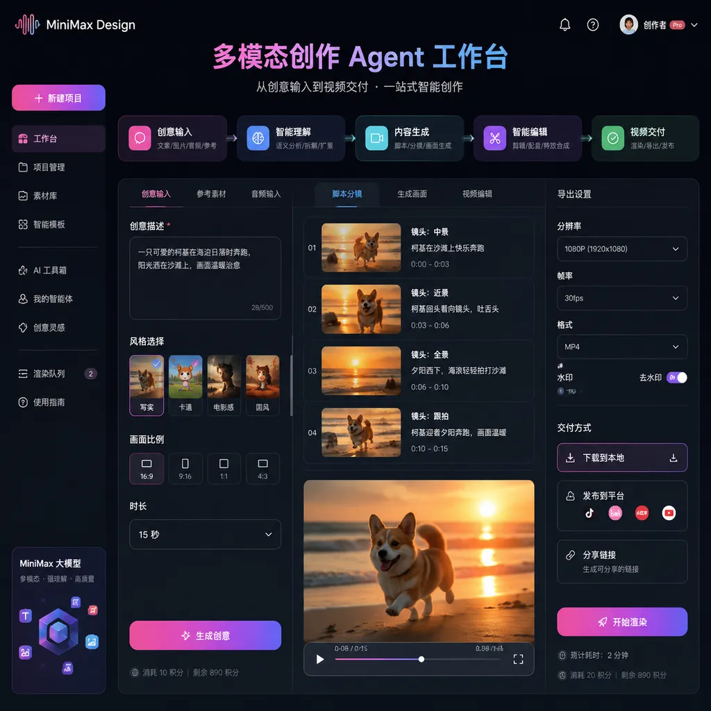 MiniMax Design 多模态创作 Agent 工作台界面,展示从创意输入到视频交付的完整流程