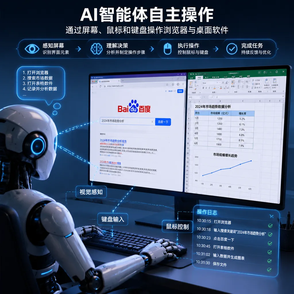 Illustration of an AI agent operating browsers and desktop software through the screen, mouse, and keyboard