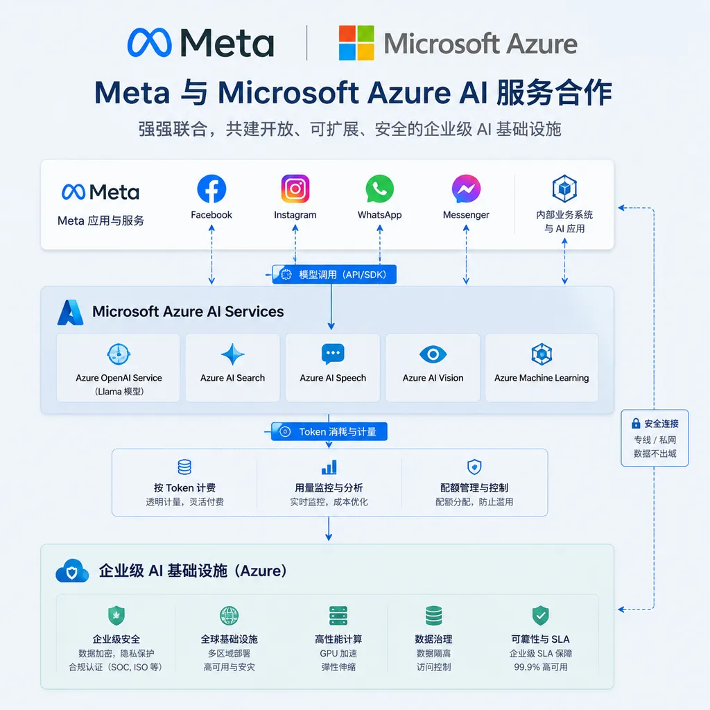 Illustration of Meta’s partnership with Microsoft Azure AI services, highlighting model calls, token consumption, and enterprise AI infrastructure