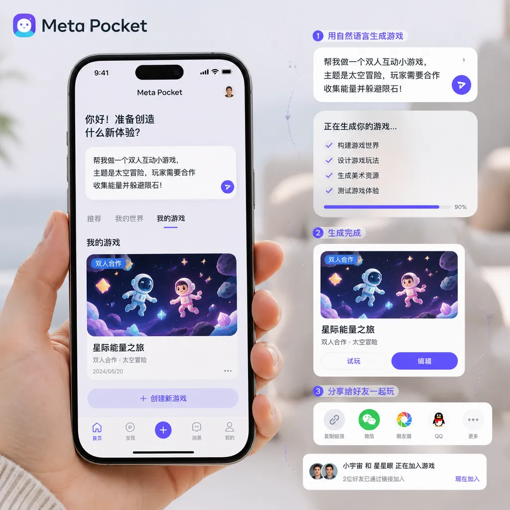 用户在手机上通过自然语言生成并分享互动小游戏的 Meta Pocket 产品界面示意图