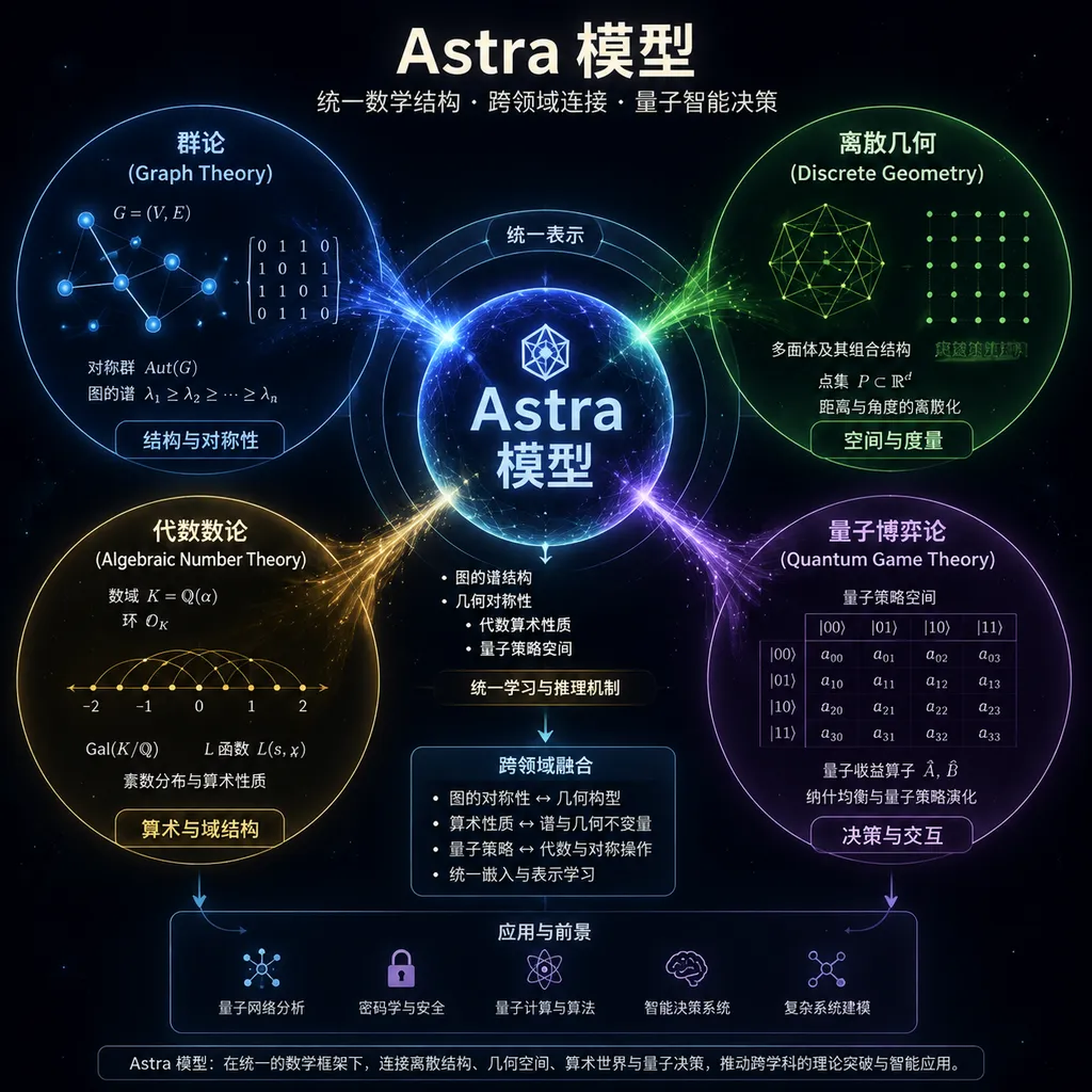 Astra模型连接群论、离散几何、代数数论和量子博弈论的研究示意图
