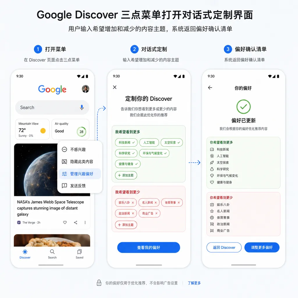 Google Discover 三点菜单打开对话式定制界面,用户输入希望增加和减少的内容主题,系统返回偏好确认清单