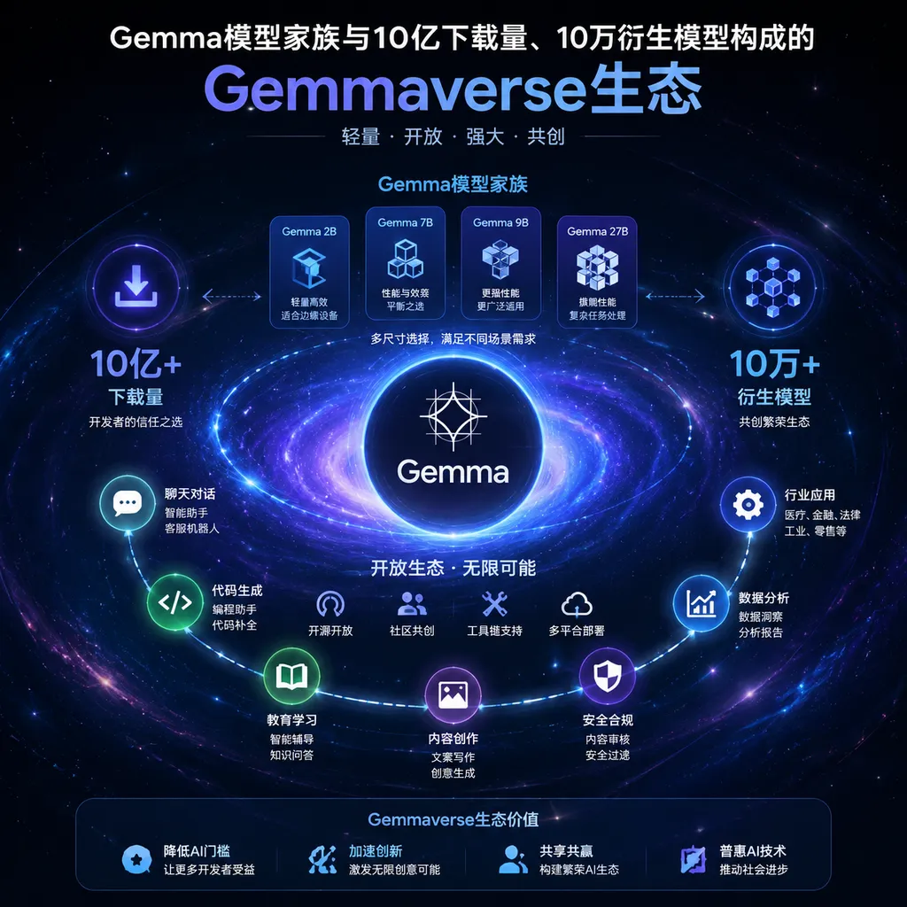 Gemma模型家族与10亿下载量、10万衍生模型构成的Gemmaverse生态示意图