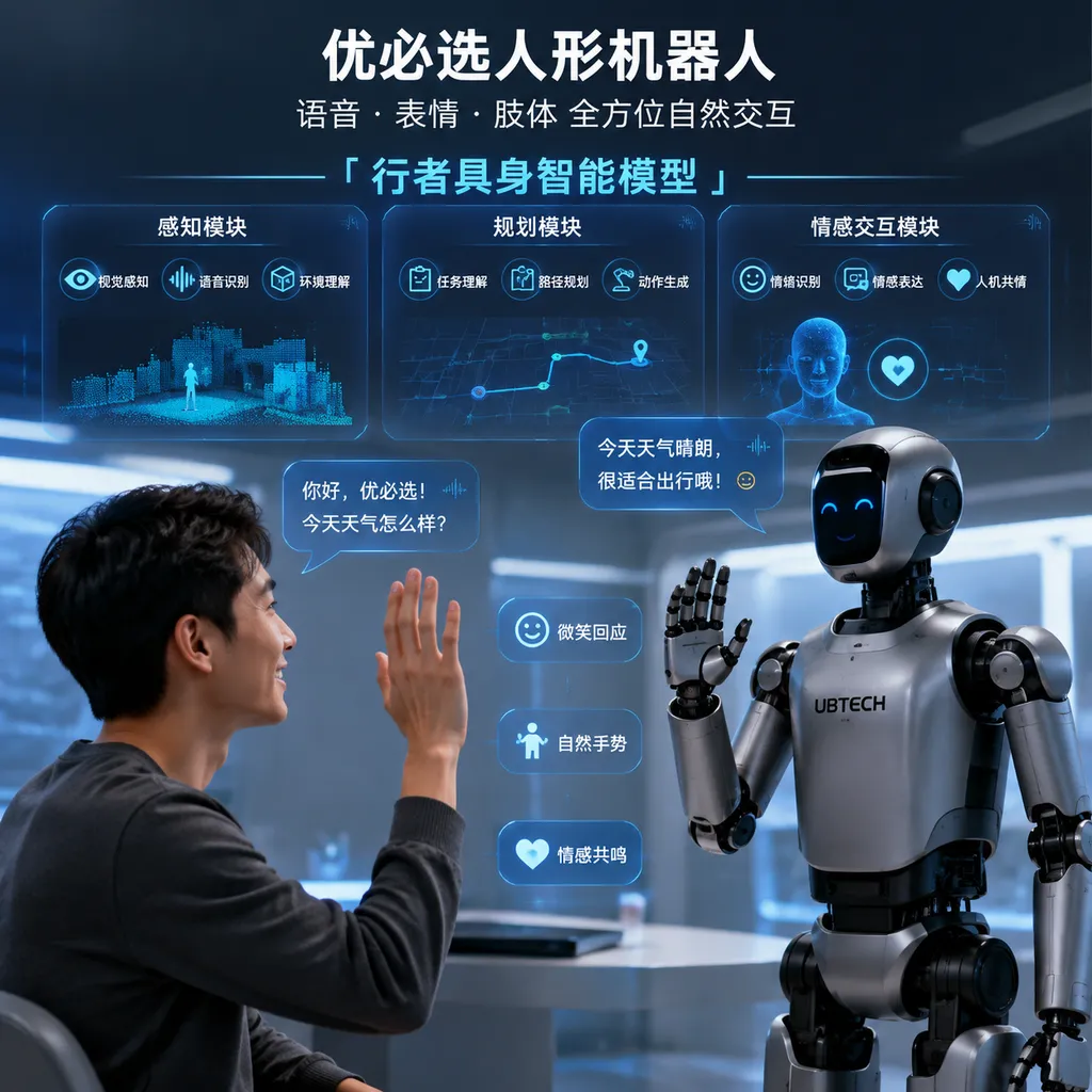 A UBTECH humanoid robot interacts with a user through speech, facial expressions, and body movements, while the background shows the perception, planning, and emotional-interaction modules of the “Walker Embodied Intelligence Model”