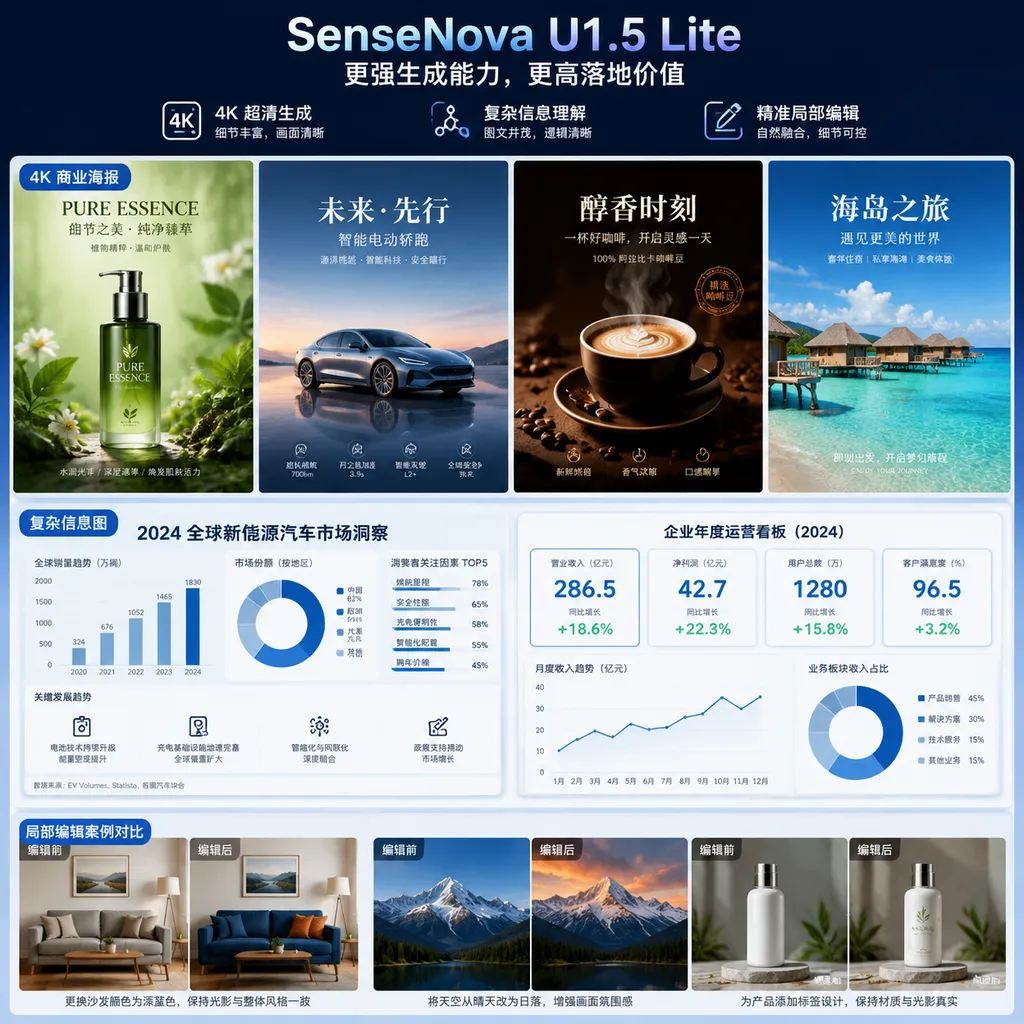 SenseNova U1.5 Lite 生成的 4K 商业海报、复杂信息图和局部编辑案例对比